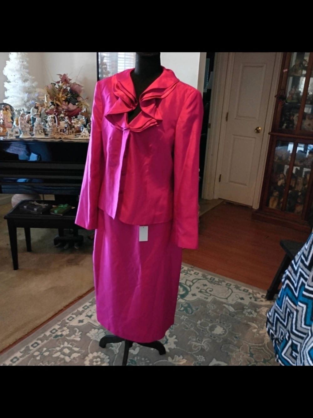 Women's Hot Pink Midi Skirt and Jacket Set with Ruffle Collar